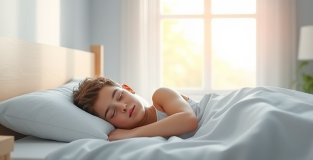 Una imagen que represente a un joven durmiendo plácidamente en una cama con un fondo de ventana con luz natural, simbolizando la recuperación del sueño y la mejora en la salud mental.
