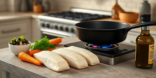 Una cocina luminosa con una mesa de mármol rocoso, una sartén de hierro fundido sobre una llama baja. Al fondo, una estufa con luces cálidas. Sobre la mesa hay 4 lomos de merluza, una zanahoria en bastones, un cuenco con ajo, perejil, aceitunas negras, alcaparras y una botella de aceite de oliva virgen extra. No se ve rostro de personas ni texto, solo la atmósfera de una preparación culinaria.