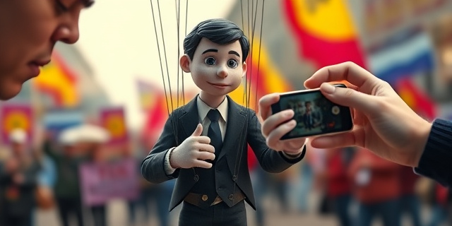 Una marioneta vestida con ropa formal, manipulada por hilos invisibles, intentando grabar un vídeo con un teléfono móvil mientras alguien la sostiene a escondidas. Fondo borroso de una manifestación con pancartas y colores vibrantes. Estilo pictórico, iluminación dramática, simbolismo de la manipulación mediática.