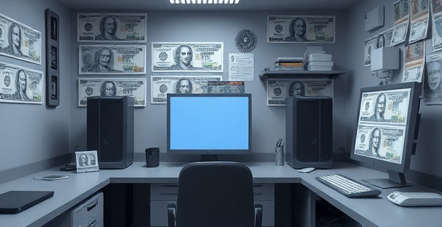 Una escena de un laboratorio de falsificación de billetes con equipamiento informático y billetes falsos de diferentes denominaciones en pesetas, sin personas ni nombres propios