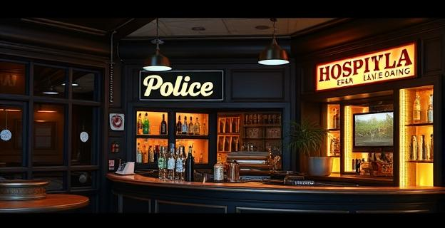 Un bar en una zona empresarial con un letrero que indica un nombre de establecimiento de hostelería, con un ambiente de investigación policial en el entorno.