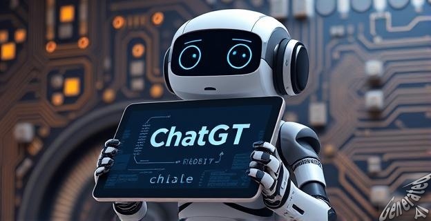 Una imagen de un robot pensativo con una tableta que muestra el logotipo de ChatGPT, rodeado de gráficos de código y circuitos.