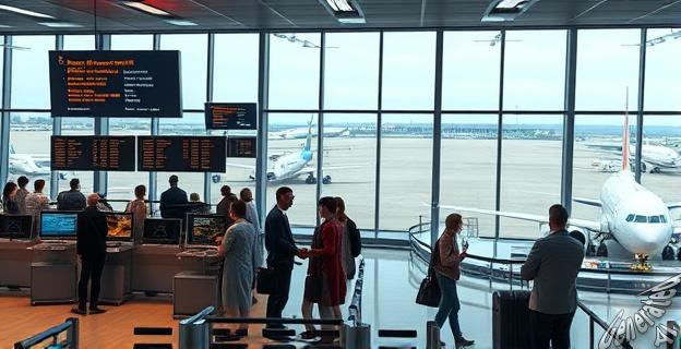 Imagen de un aeropuerto con pantallas de computadora mostrando mensajes de error, personas esperando en colas largas y aviones en tierra.