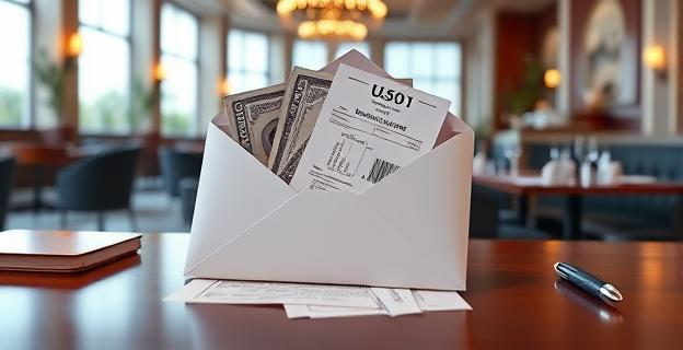 Una imagen de un sobre con dinero y facturas falsas en un escritorio con un fondo de un restaurante de lujo