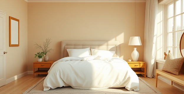 Dormitorio acogedor con paredes beige cálido, ropa de cama blanco roto y detalles en madera clara. La estancia está iluminada por una luz suave que resalta la armonía de los colores y la elegancia de los elementos decorativos. Un espacio diseñado para el descanso y la relajación.