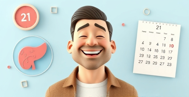 Una representación visual de un hombre sano con una expresión de alivio, rodeado de elementos que simbolizan la salud masculina y la prevención del cáncer de próstata, como un estilizado gráfico de una próstata sana y un calendario con 21 marcas.