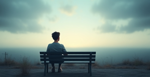 Una persona sentada sola en un banco, mirando al horizonte con una mezcla de tristeza y reflexión, mientras el entorno muestra señales de una presencia recientemente ausente.