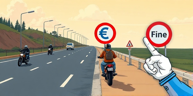 Una ilustración satírica que muestra una carretera dividida por una línea invisible. A un lado, motoristas fluyen alegremente por el arcén; al otro lado, un motorista está detenido frente a un cartel de prohibición con un símbolo de euro gigante y una mano autoritaria señalando una multa, estilo caricatura editorial de periódico, colores contrastados.
