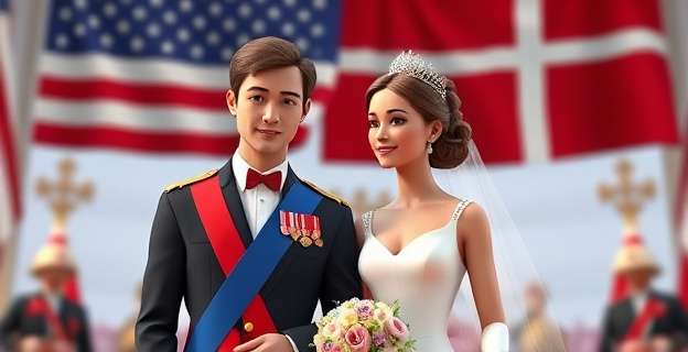 Imagen conceptual de un matrimonio real entre un joven estadounidense y una princesa danesa, con un fondo que simbolice la unión de Estados Unidos y Dinamarca, quizás con elementos que representen Groenlandia.