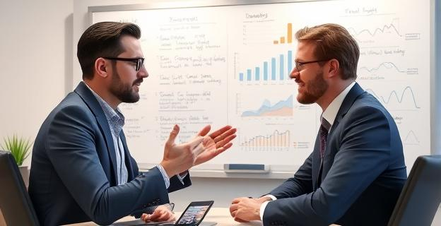 Una imagen que representa una conversación entre dos personas en un entorno profesional, con una pizarra al fondo llena de notas y gráficos. La persona que habla está haciendo gestos con las manos para enfatizar sus puntos.