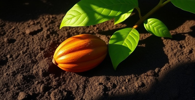 Una imagen de un grano de cacao con una sombra de cadmio en el suelo, representando la absorción de metales pesados por la planta.