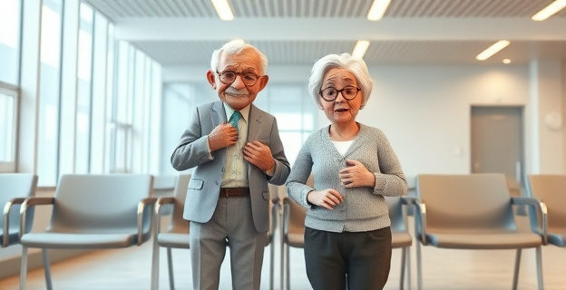 Una imagen de un anciano y una anciana de pie en una sala de espera vacía y moderna, con apoyos isquiáticos en lugar de sillas, mostrando gestos de fatiga y frustración.