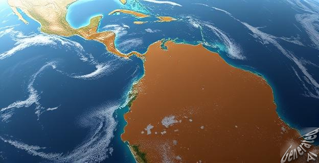 Una imagen satélite del Atlántico con una gran franja marrón de sargazo extendiéndose desde las costas de África Occidental hasta el Golfo de México.