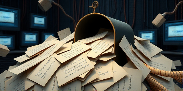 Una pila de cartas escritas a mano, de diferentes tamaños y colores, desbordándose de una caja de correo antigua. El fondo es un laberinto de cables y pantallas de ordenador. Iluminación tenue, estilo claroscuro.