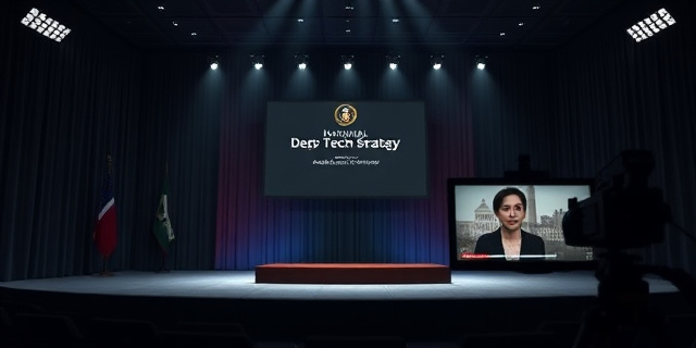 Un escenario político con luces tenues, una mesa de conferencias vacía, un monitor que parpadea con el título de la Estrategia Nacional Deep Tech, sombras que se alargan como dedos de acusación y una cámara que captura un vídeo viral de una mujer que cuestiona la integridad de una figura pública, todo ello envuelto en una atmósfera de tensión y silencio.