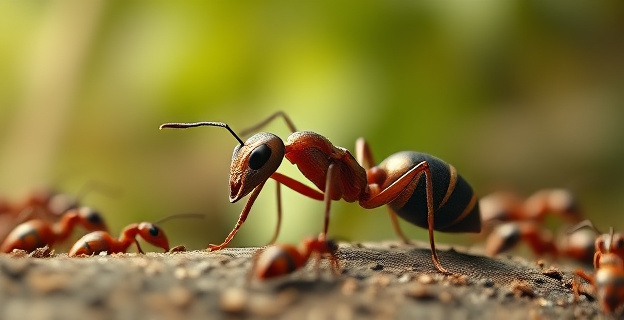 Una representación artística de una hormiga reina en un entorno natural, con elementos que sugieren clonación y mezcla de especies, como imágenes fantasmales o duplicadas de hormigas alrededor de ella.