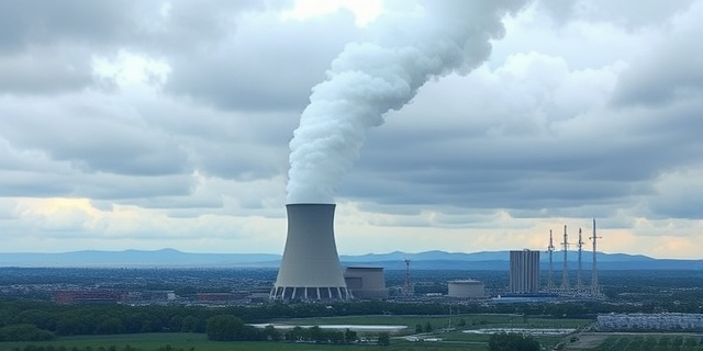 Una imagen de una central nuclear en el horizonte, con una ciudad en el fondo y un cielo nublado. La central nuclear emite una columna de vapor que se eleva hacia el cielo.