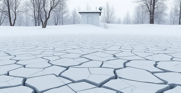 Imagen de un paisaje invernal con suelo agrietado y cielo gris oscuro, sin figuras humanas reconocibles