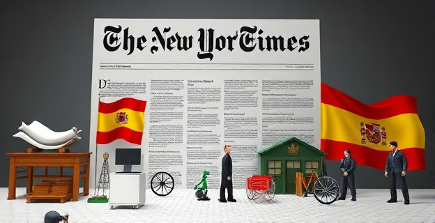 Una imagen conceptual que represente la crítica del New York Times a la política de inmigración de Pedro Sánchez, con elementos que simbolicen la economía española y la inmigración