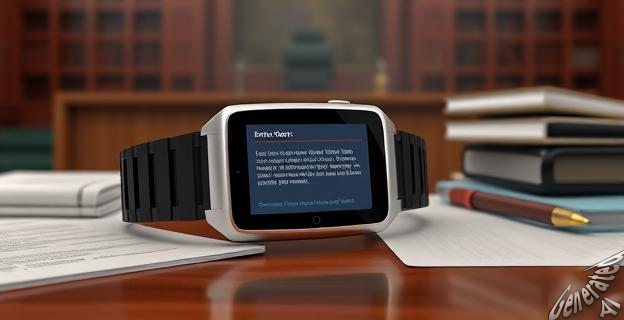 Una imagen de una pulsera electrónica con una pantalla que muestra un mensaje de error, rodeada de documentos judiciales y un juez en el fondo