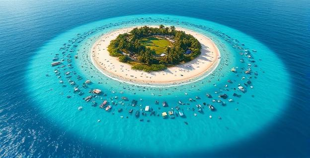 Imagen de una isla paradisíaca con playas repletas de basura y plásticos, rodeada de un mar azul turquesa con corrientes marinas visibles