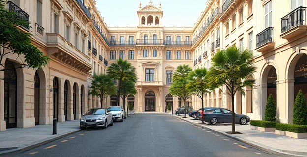 Una imagen de una calle residencial de lujo en el barrio Salamanca de Madrid, con un toque de elegancia y sofisticación, reflejando la opulencia de las viviendas y los alrededores cuidados.
