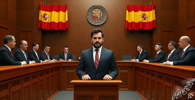 Imagen de un tribunal de justicia con Álvaro García Ortiz en el centro, rodeado de abogados y fiscales, con un fondo de banderas españolas.