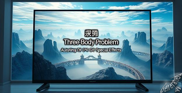 Una imagen de una pantalla de televisión mostrando un paisaje futurista con efectos especiales sobresalientes, y en la pantalla el título 