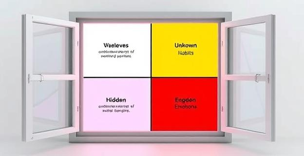 Una ventana con cuatro cuadrantes representando diferentes aspectos de la personalidad: comportamientos visibles, hábitos desconocidos, emociones ocultas y aspectos desconocidos por todos