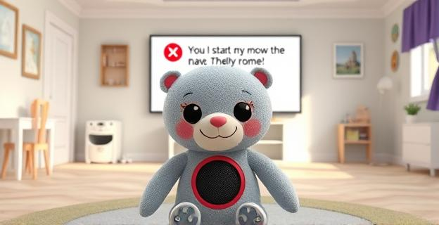 Imagen de un peluche con un altavoz integrado en una habitación infantil vacía, con una pantalla detrás mostrando un diálogo de conversación explícita bloqueado con una X roja