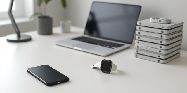 Un escritorio moderno con un móvil en silencio sobre la mesa, un reloj inteligente visible en la muñeca, una laptop MacBook Neo abierta y una pila de dispositivos iPhone apilados a un lado. La escena transmite tranquilidad y minimalismo tecnológico sin rostros humanos.