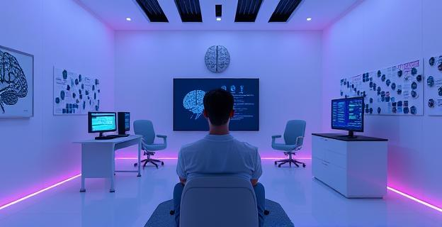 Una sala de entrenamiento cerebral con equipo de neurofeedback y una persona realizando ejercicios de concentración en un entorno minimalista y moderno