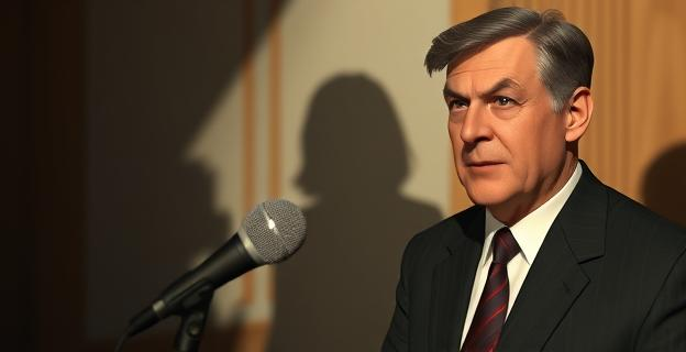 Escena de un político en un entorno de escándalo, con una sombra de una mujer joven al fondo y un micrófono en primer plano, simbolizando la presión mediática.