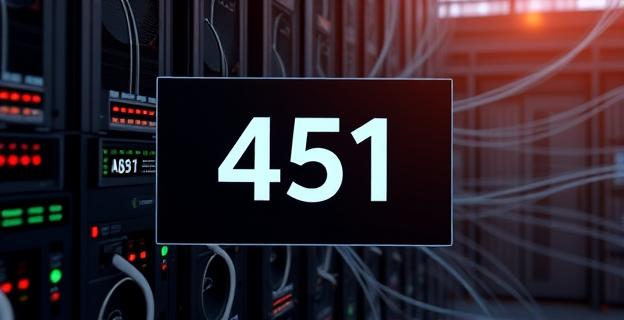 Una pantalla mostrando un error 451 con un fondo de una red de ordenadores y cables de fibra óptica, representando el bloqueo de acceso a sitios web en España