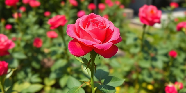 Una imagen de un rosal en flor, con flores de colores vivos y un tallo verde y saludable, rodeado de un jardín bien cuidado y soleado.
