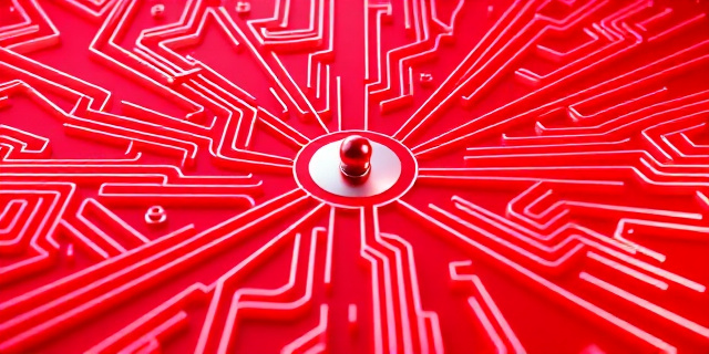 Una composición abstracta en tonos rojo y plateado, representando un laberinto de líneas que convergen en un punto central. El laberinto simboliza la burocracia y la complejidad, mientras que el punto central representa la autorización y el control. La imagen debe evocar una sensación de opacidad y secretismo, con sombras y luces contrastadas. Estilo pictórico: expresionismo abstracto.