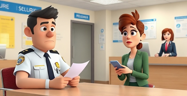 Una escena en una oficina de la Seguridad Social donde un vigilante y un usuario están sentados en un mostrador. El vigilante tiene una expresión seria y sostiene un papel, mientras que el usuario parece sorprendido y sostiene un teléfono móvil. Al fondo, una funcionaria está atendiendo a otro usuario en un mostrador cercano. La decoración de la oficina incluye carteles y señales en valenciano.