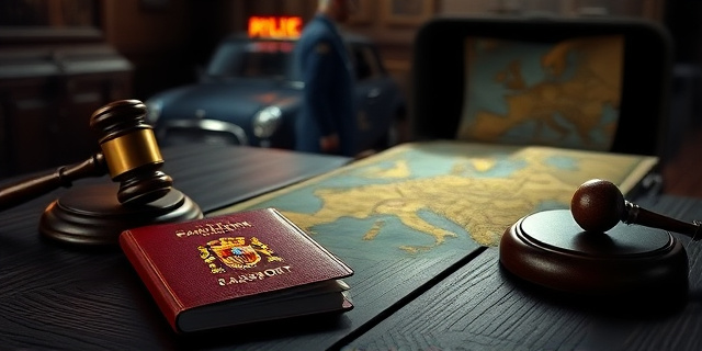 Una ilustración conceptual y satírica. Un pasaporte español sobre una mesa de madera oscura, junto a un mazo de juez y un mapa antiguo de Europa. En el fondo, la silueta difuminada de un coche oficial con sirenas y una maleta de viaje abierta. Estilo de caricatura editorial de periódico, colores sobrios, iluminación dramática de claroscuro.