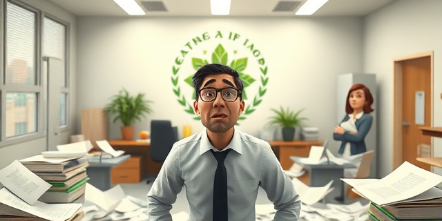 Un edificio de oficinas con un logo del Ministerio para la Transición Ecológica, rodeado de documentos y papeles esparcidos por el suelo, con un hombre en el centro con una expresión de sorpresa y una mujer al fondo con una mirada de preocupación.