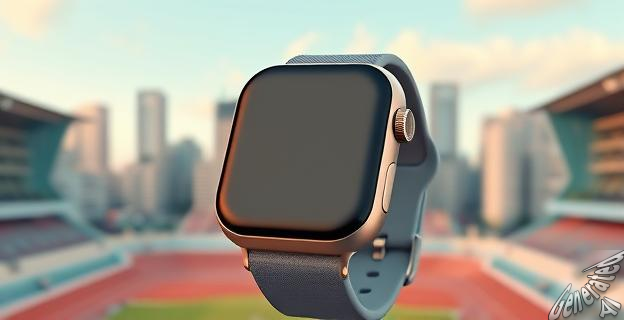Un smartwatch con pantalla AMOLED y correa gris claro, con un fondo de una ciudad deportiva