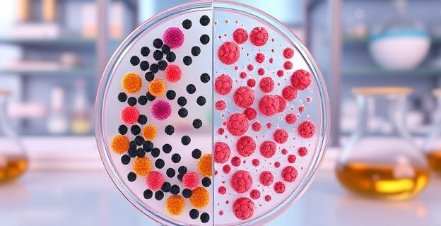 Una placa de Petri mostrando colonias bacterianas de diferentes colores y tamaños en un lado, contrastando con otra sección casi limpia, simbolizando la contaminación instantánea de alimentos al caer al suelo. El fondo es un laboratorio estilizado, con material de vidrio y equipos de investigación, pero sin figuras humanas.