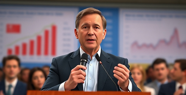 Imagen conceptual de un político hablando en un acto público, con un fondo que muestra gráficos de viviendas y estadísticas de mercado inmobiliario. El tono es serio y de compromiso.