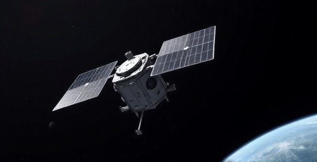 Una representación de una sonda espacial con paneles solares mal orientados flotando en el espacio oscuro, con la Tierra o la Luna al fondo.