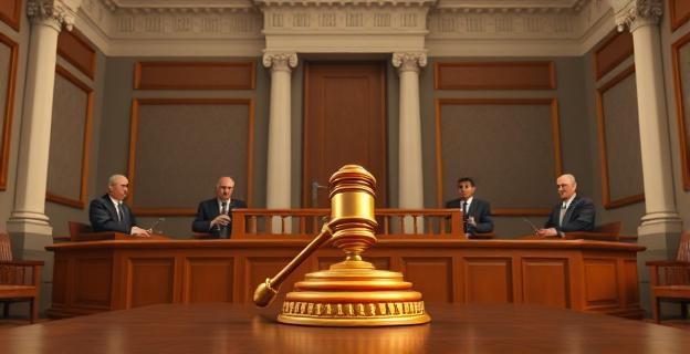 Sala del Tribunal Supremo con jueces en sesión solemne, con un martillo de justicia en la mesa principal