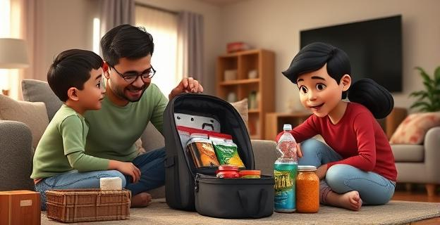 Una familia preparando una mochila de emergencia con alimentos no perecederos y agua en un salón
