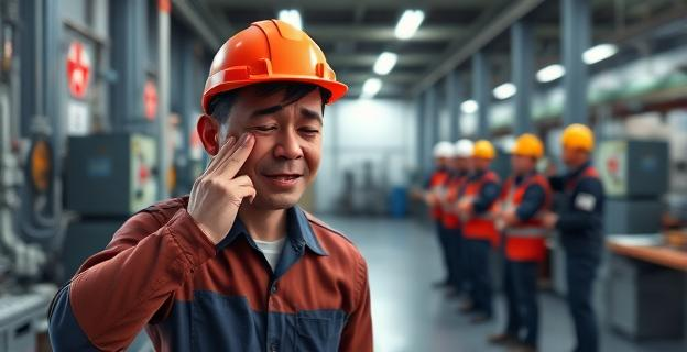 Imagen de un trabajador en una fábrica con un gesto de dolor, con un equipo de primeros auxilios en el fondo y un ambiente laboral serio