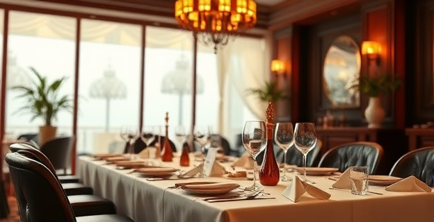 Una mesa de restaurante con una factura elevada y un ambiente de lujo, representando gastos excesivos en lugares como La Chalana