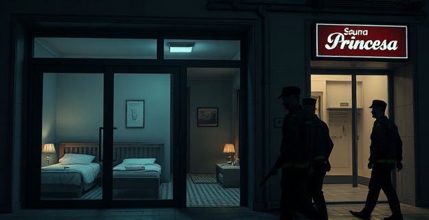 Una escena nocturna en un local de la calle Mártires de Alcalá en Madrid, con luces tenues y discreción, reflejando la fachada de un establecimiento de dudosa reputación. Un cliente contrariado sale acompañado por agentes de la Policía Municipal, mientras en el interior se vislumbran habitaciones con camas y decoración minimalista. Al fondo, un letrero con el nombre 