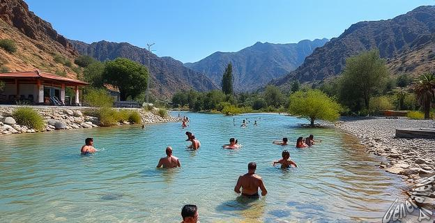 Imagen de personas disfrutando en una zona de baño natural en el río Bullaque, en El Robledo, con montañas al fondo.