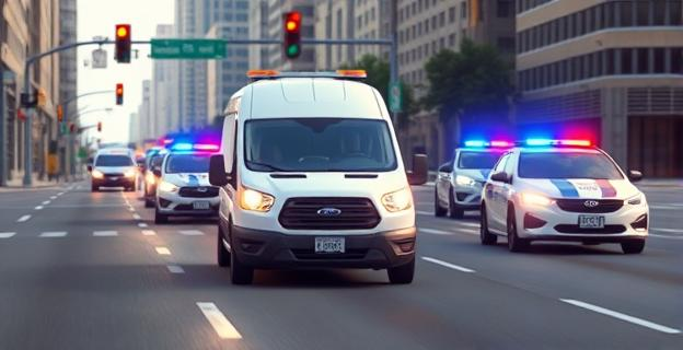 Imagen de un furgón blanco siendo perseguido por coches de policía en una carretera urbana con semáforos y otros vehículos